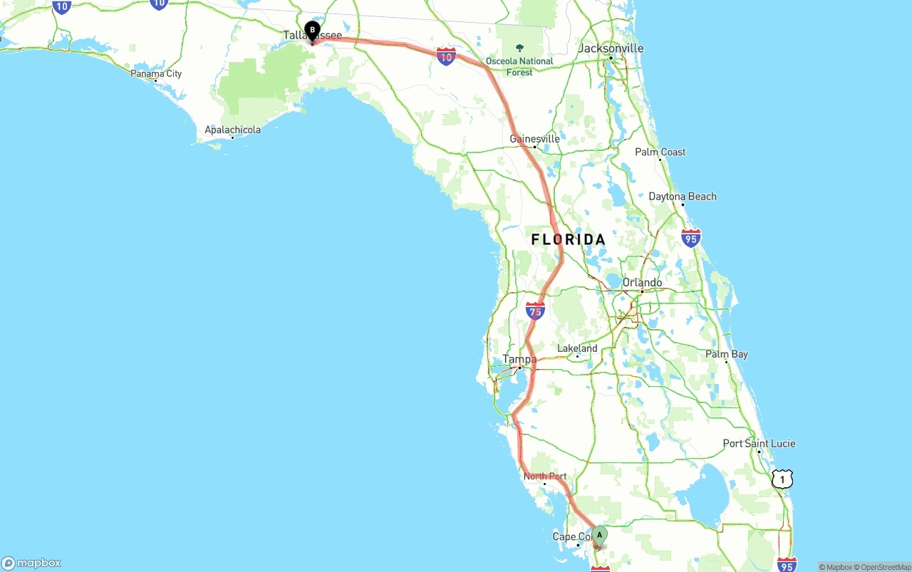 Shipping route from Southwest Florida International Airport to Tallahassee
