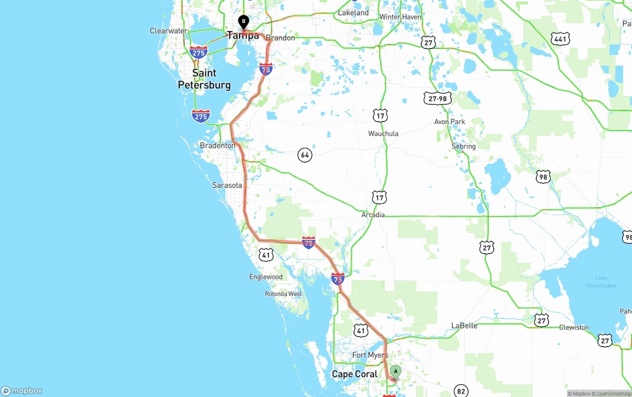 Shipping route from Southwest Florida International Airport to Tampa
