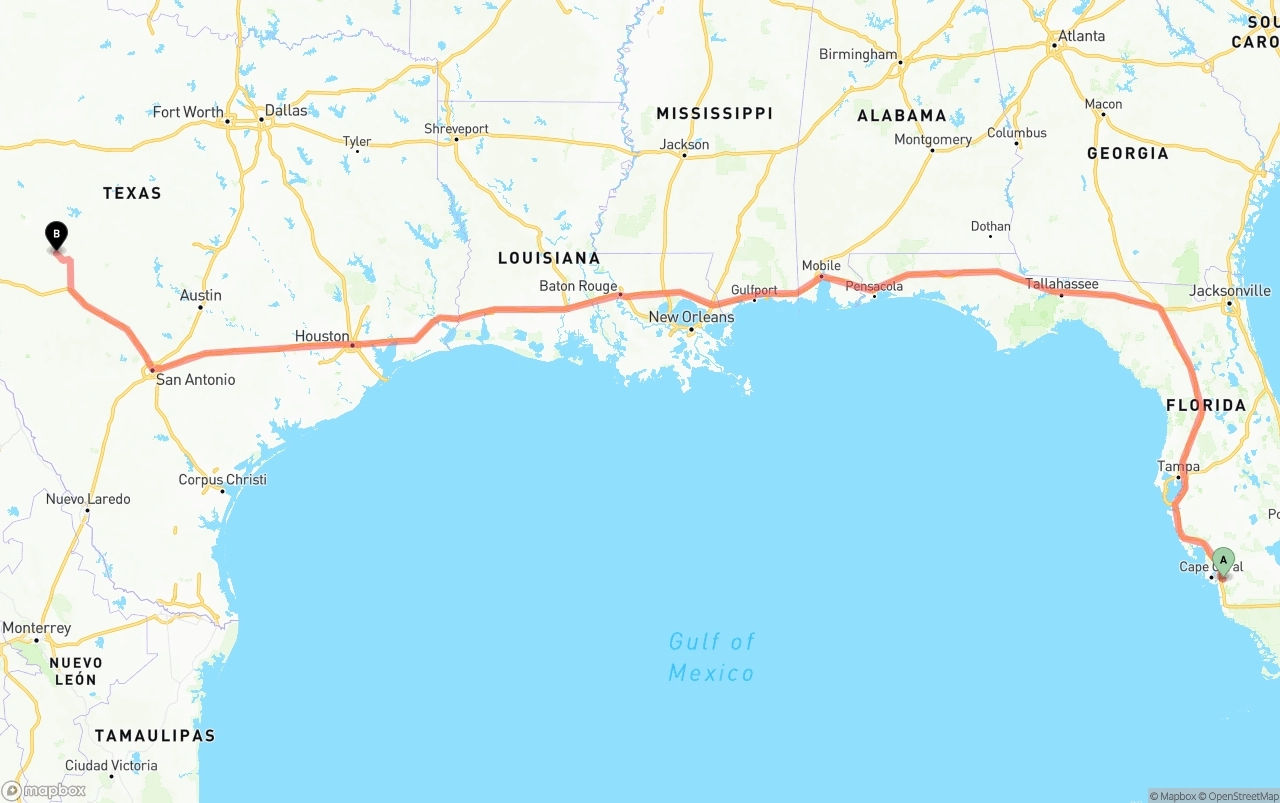 Shipping route from Southwest Florida International Airport to Texas
