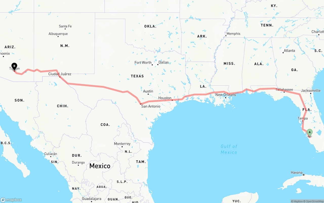 Shipping route from Southwest Florida International Airport to Tucson