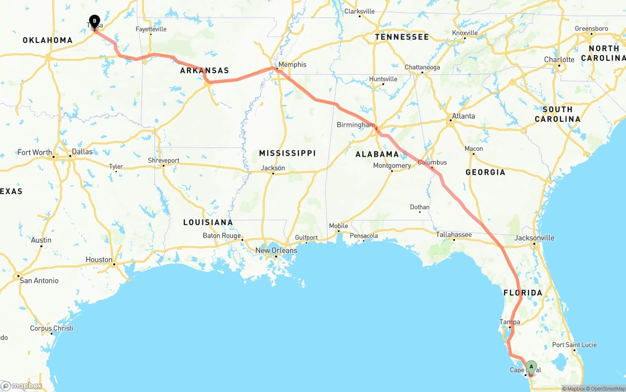 Shipping route from Southwest Florida International Airport to Tulsa