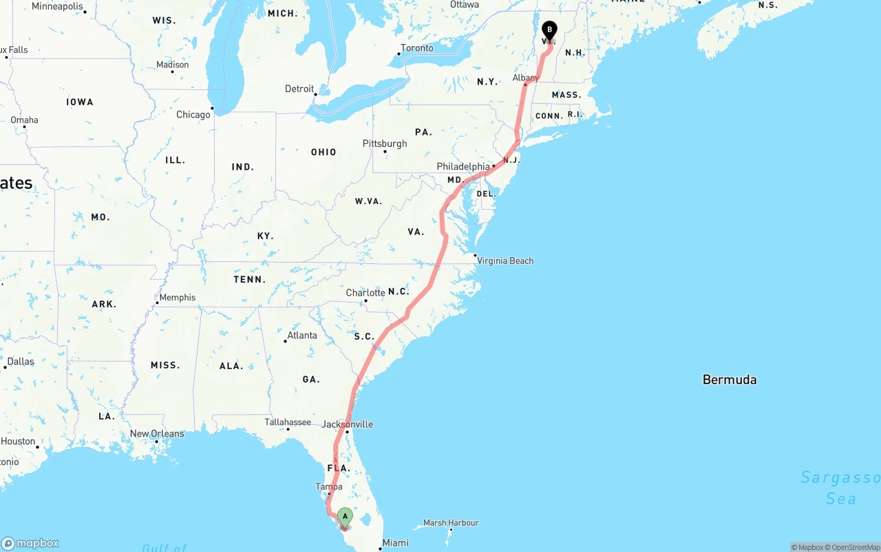 Shipping route from Southwest Florida International Airport to Vermont