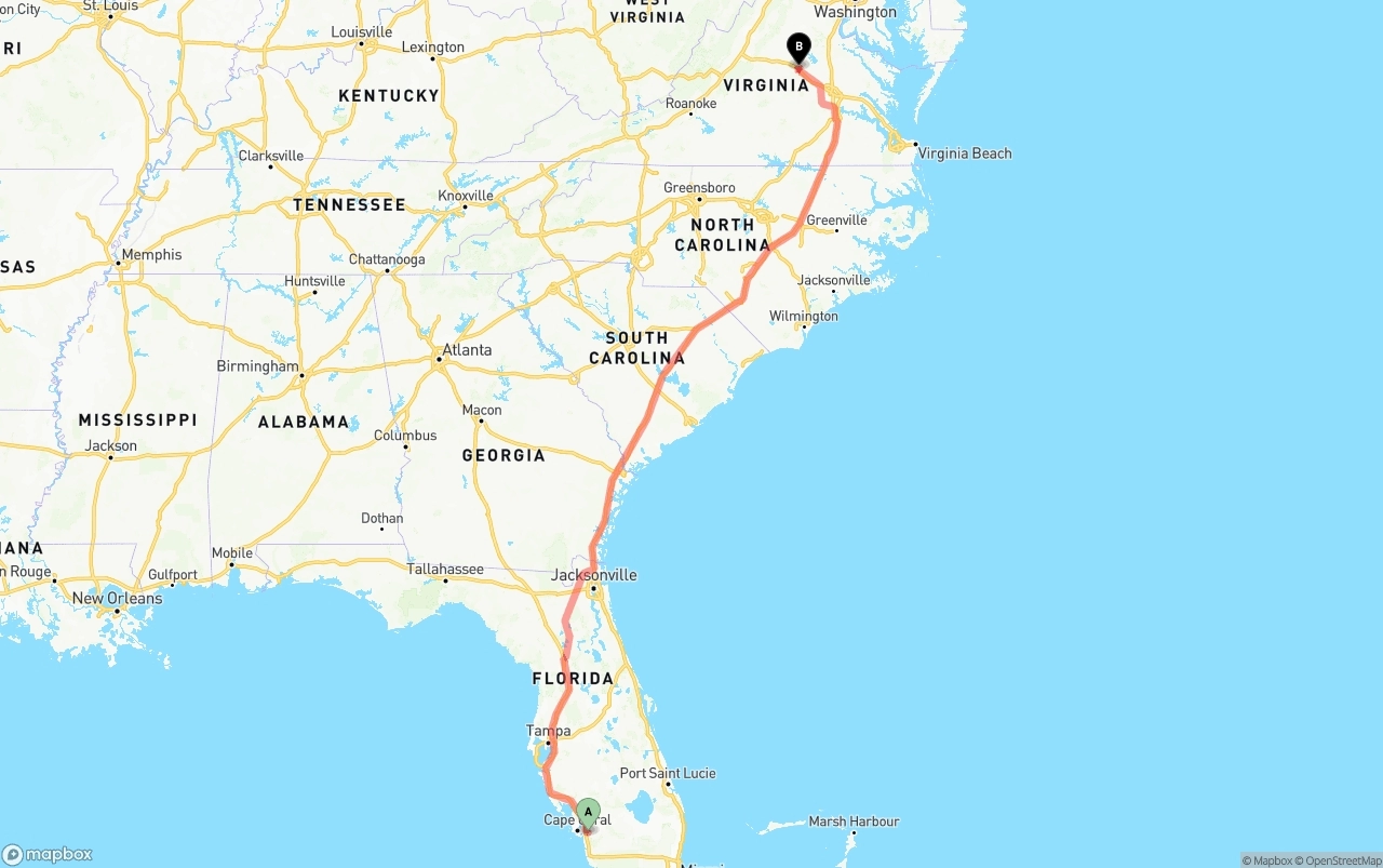 Shipping route from Southwest Florida International Airport to Virginia