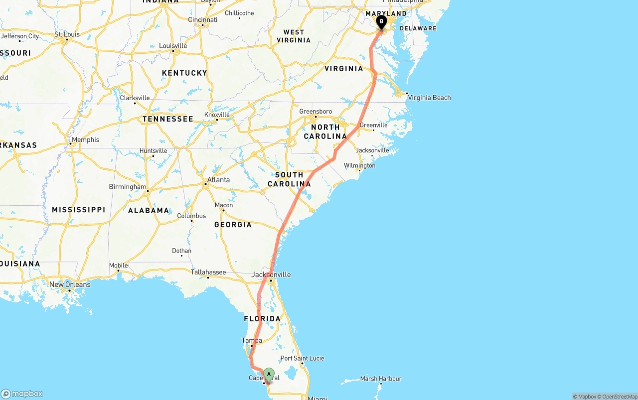 Shipping route from Southwest Florida International Airport to Washington D.C.