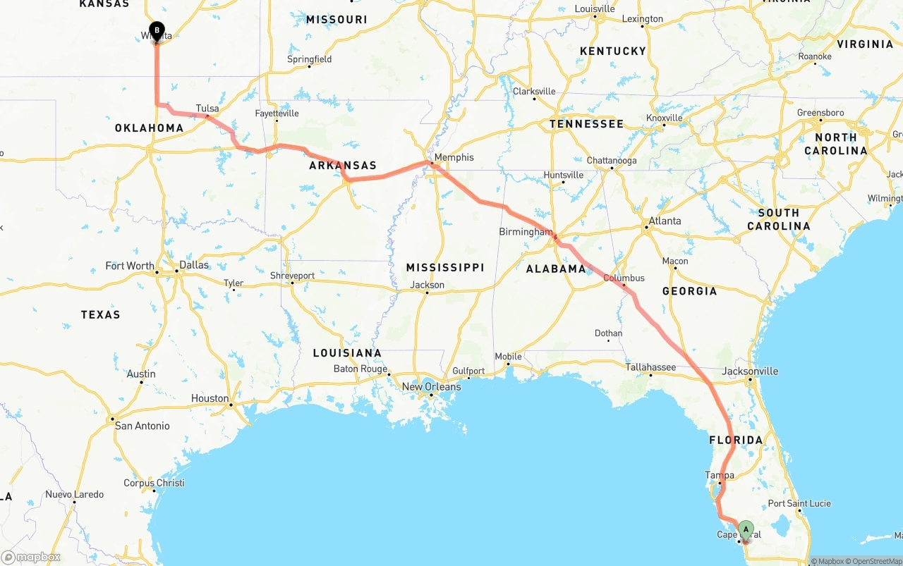 Shipping route from Southwest Florida International Airport to Wichita