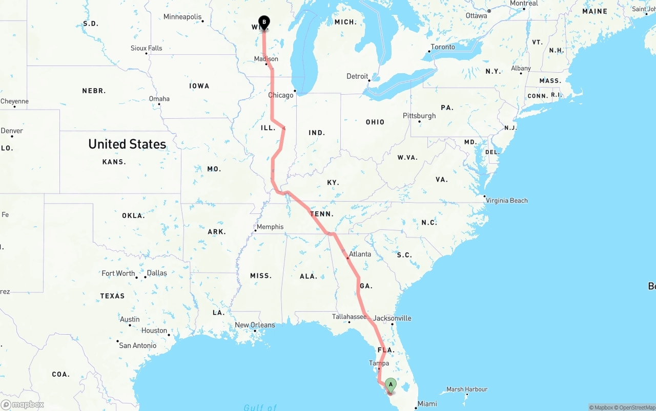 Shipping route from Southwest Florida International Airport to Wisconsin