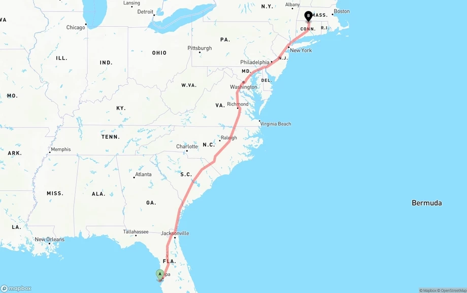St. Petersburg to Bradley International Airport freight shipping route map
