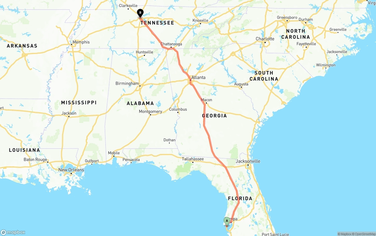 Shipping route from St. Petersburg to Nashville