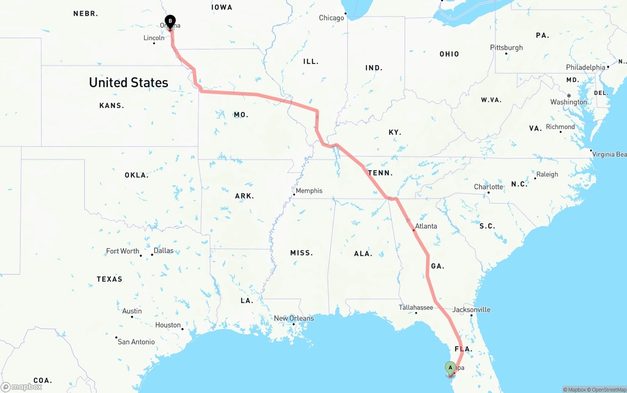 Shipping route from St. Petersburg to Omaha