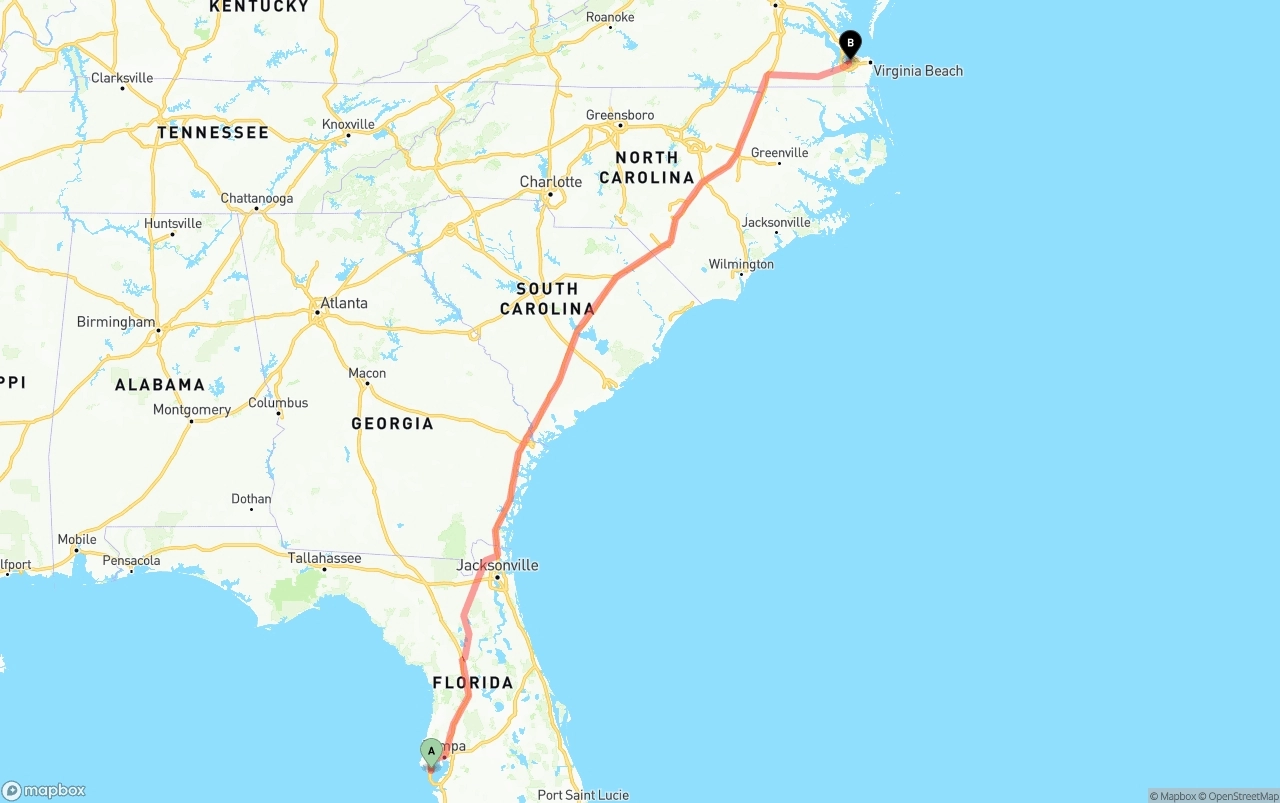Shipping route from St. Petersburg to Port of Norfolk