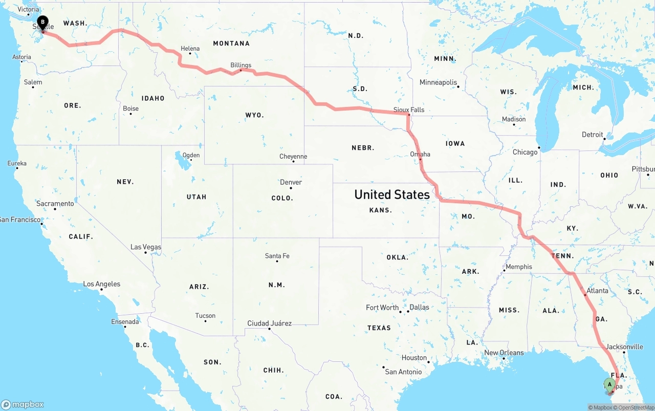 Shipping route from St. Petersburg to Port of Seattle