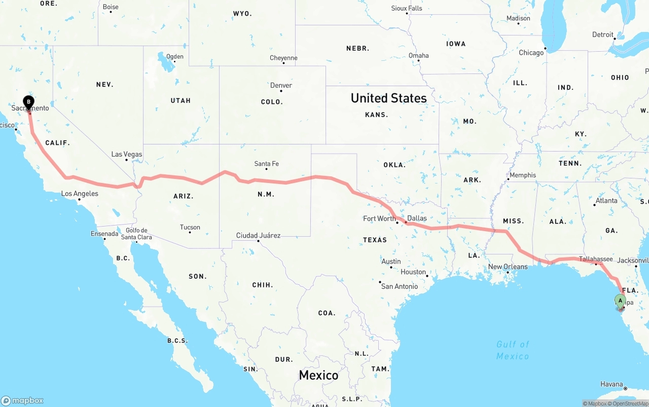 Shipping route from St. Petersburg to Sacramento International Airport