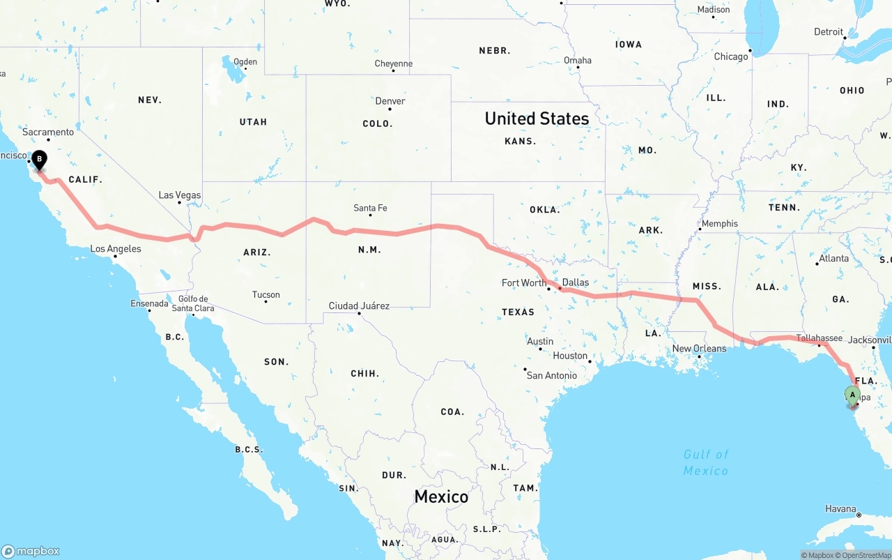 Shipping route from St. Petersburg to San Jose