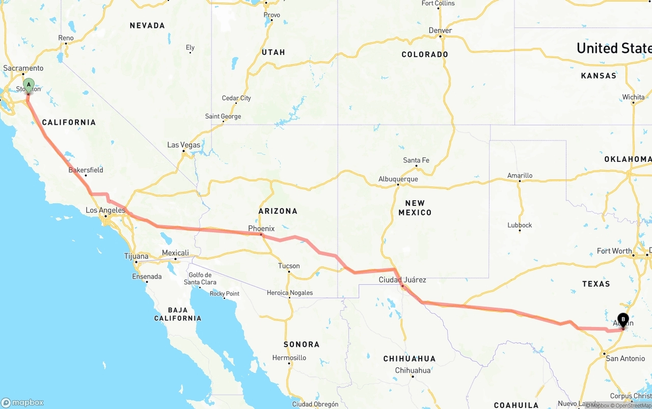 Shipping route from Stockton to Austin