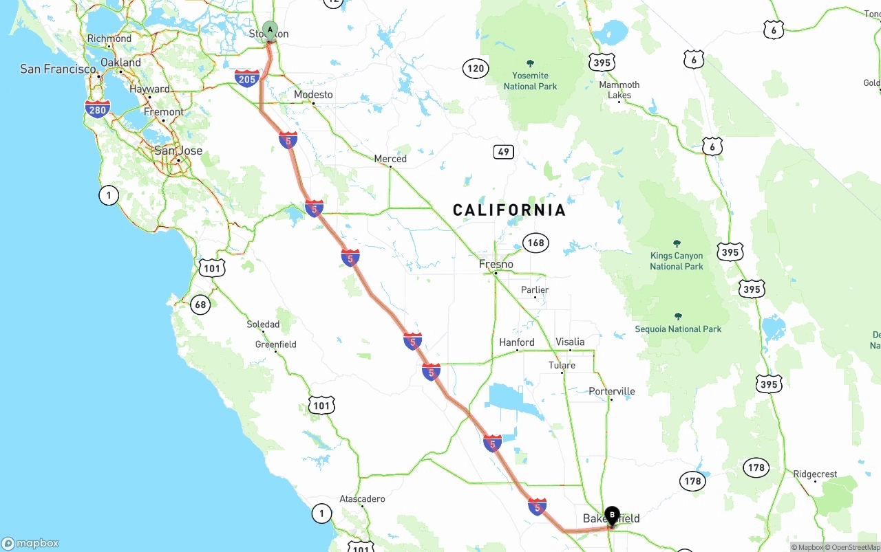 Shipping route from Stockton to Bakersfield