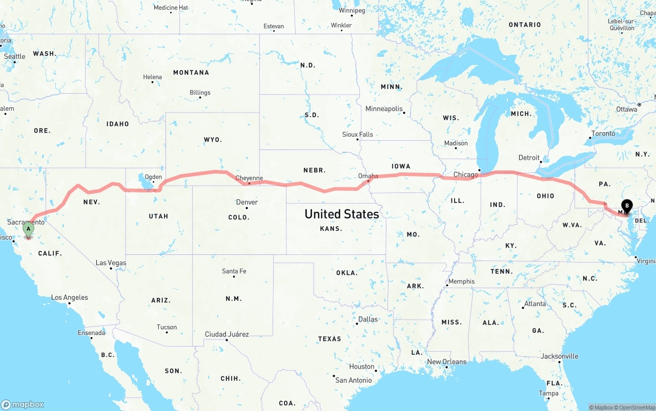 Shipping route from Stockton to Baltimore