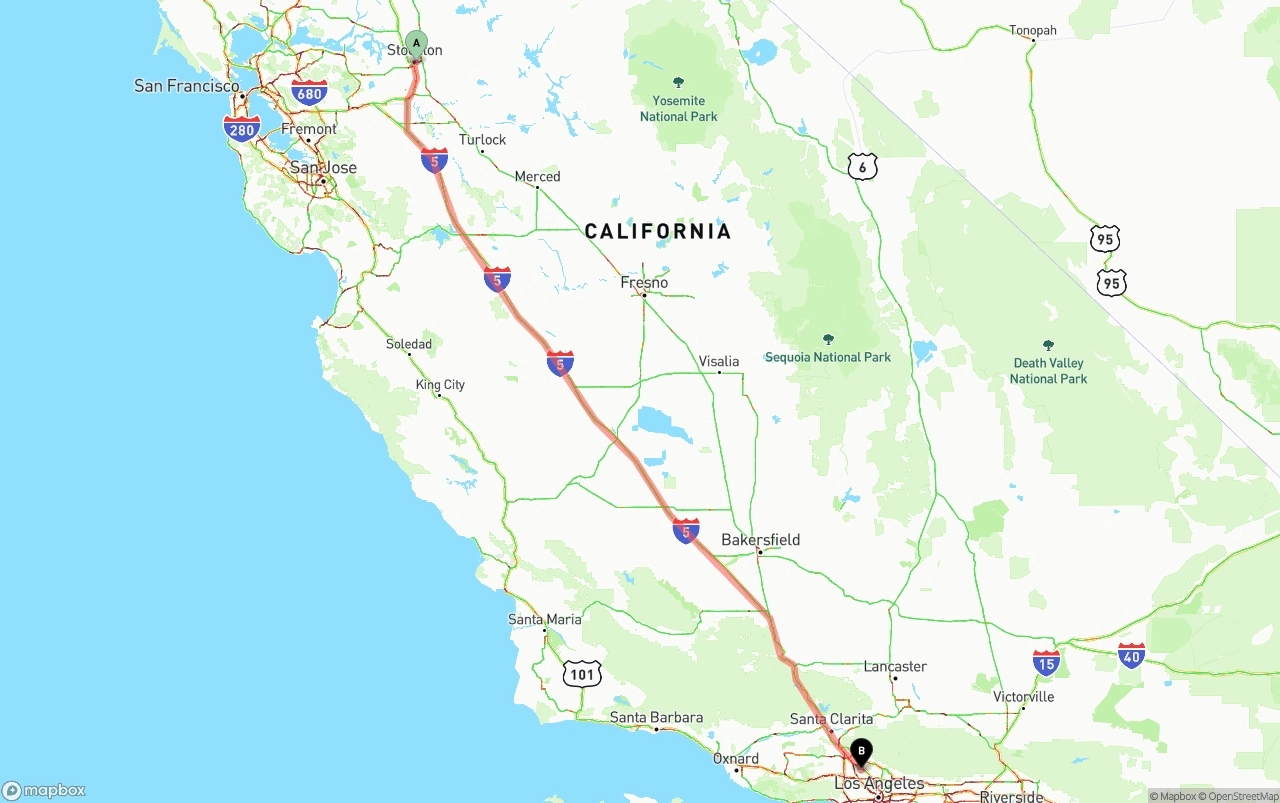 Shipping route from Stockton to Bob Hope Airport