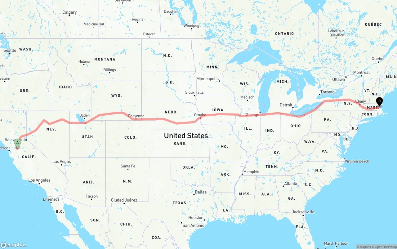 Shipping route from Stockton to Boston