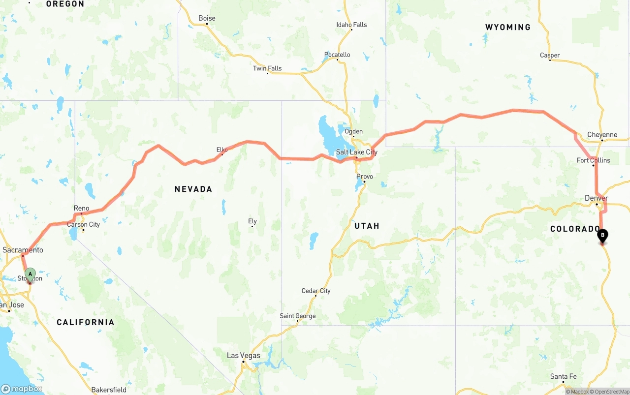 Shipping route from Stockton to Colorado Springs