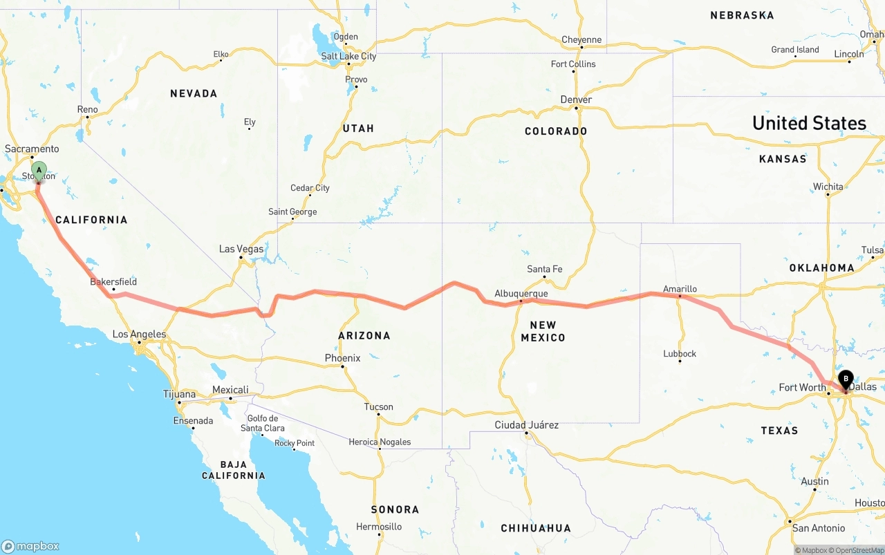 Shipping route from Stockton to Dallas