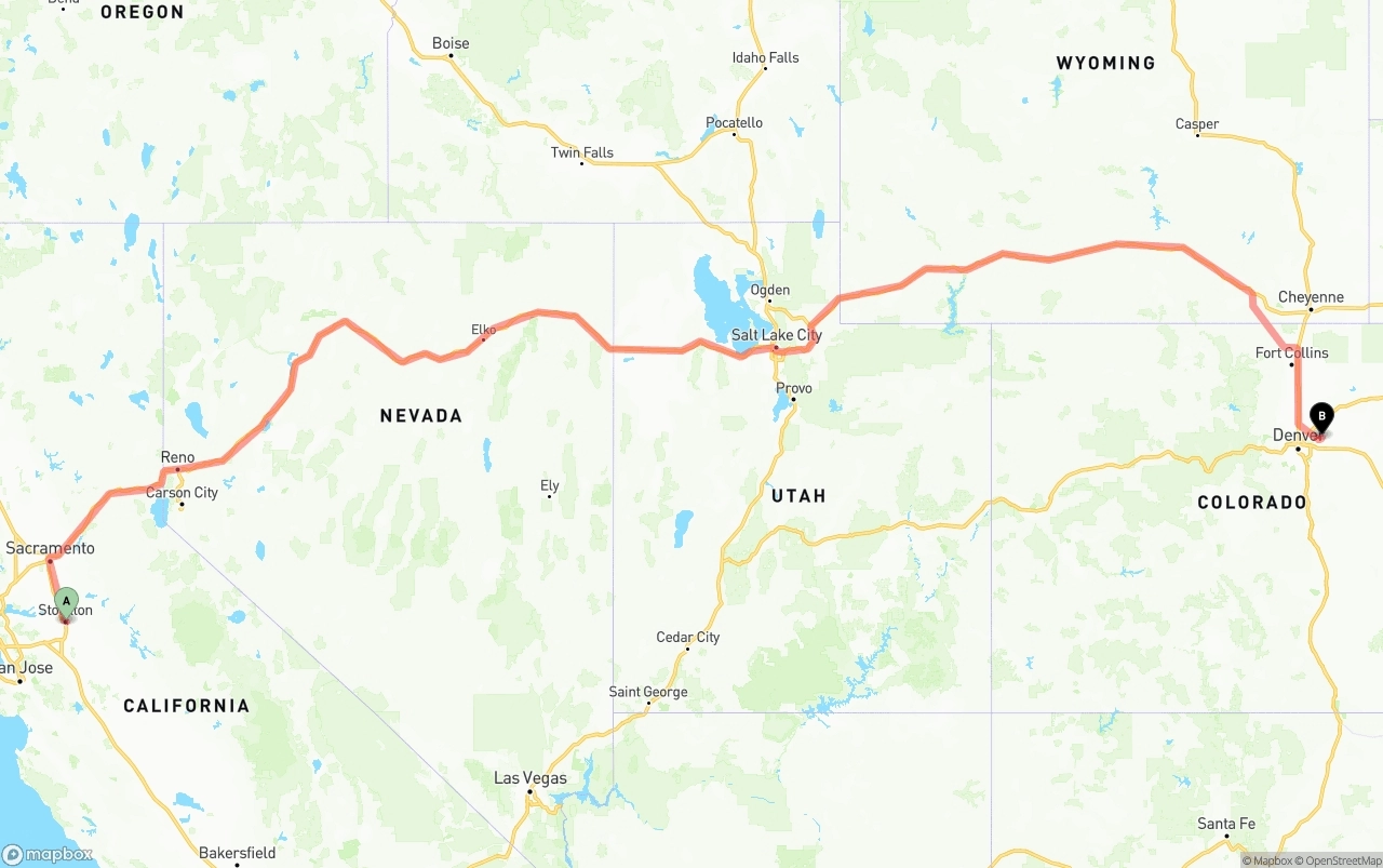 Shipping route from Stockton to Denver International Airport