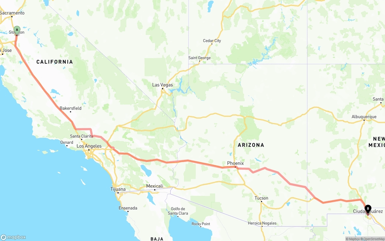 Shipping route from Stockton to El Paso