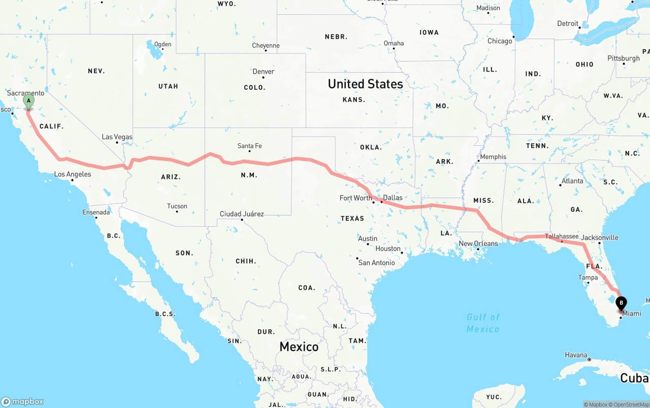 Shipping route from Stockton to Fort Lauderdale-Hollywood International Airport