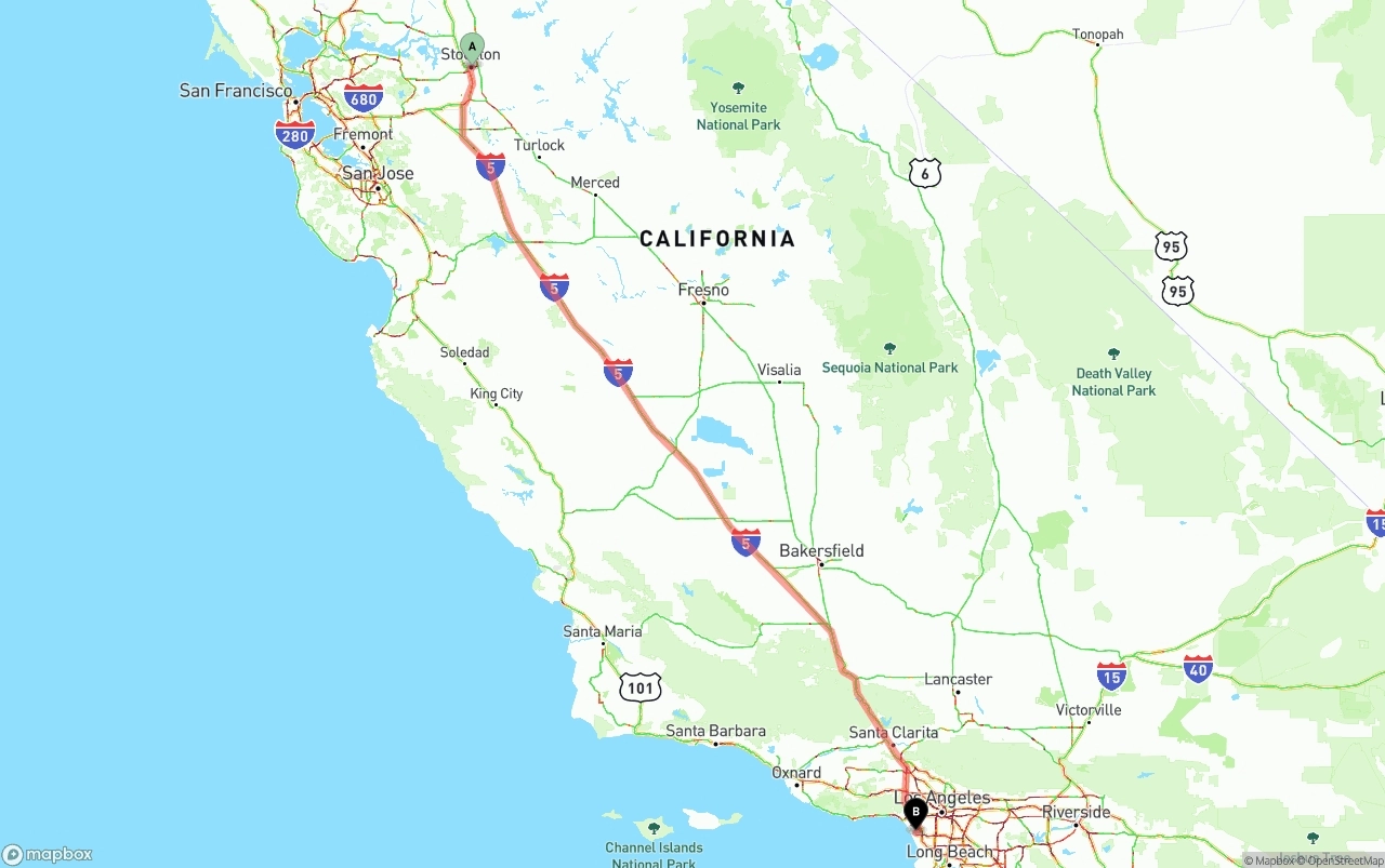 Shipping route from Stockton to Los Angeles International Airport