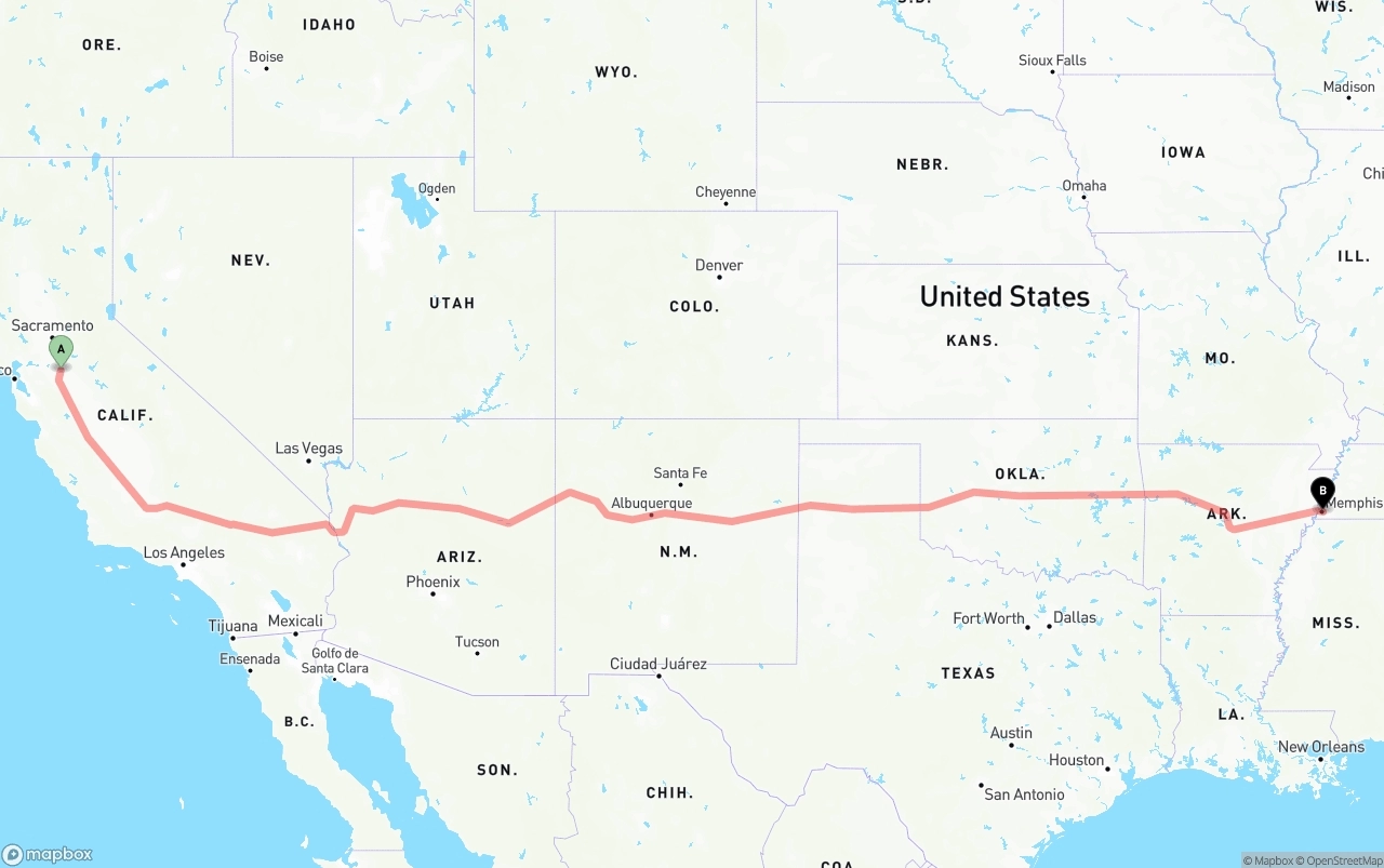 Shipping route from Stockton to Memphis