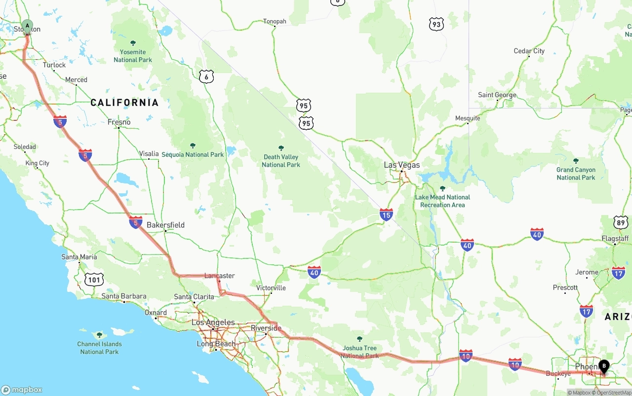 Shipping route from Stockton to Mesa