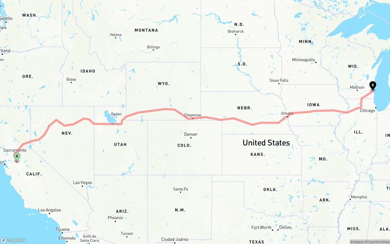 Shipping route from Stockton to Milwaukee