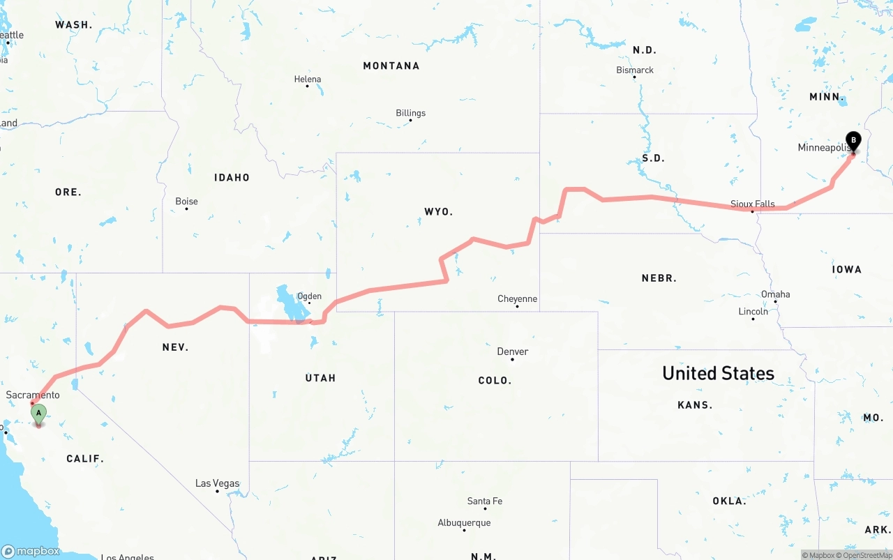 Shipping route from Stockton to Minneapolis