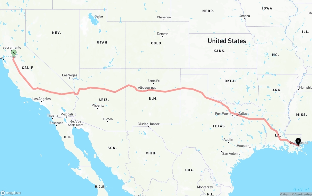 Shipping route from Stockton to New Orleans
