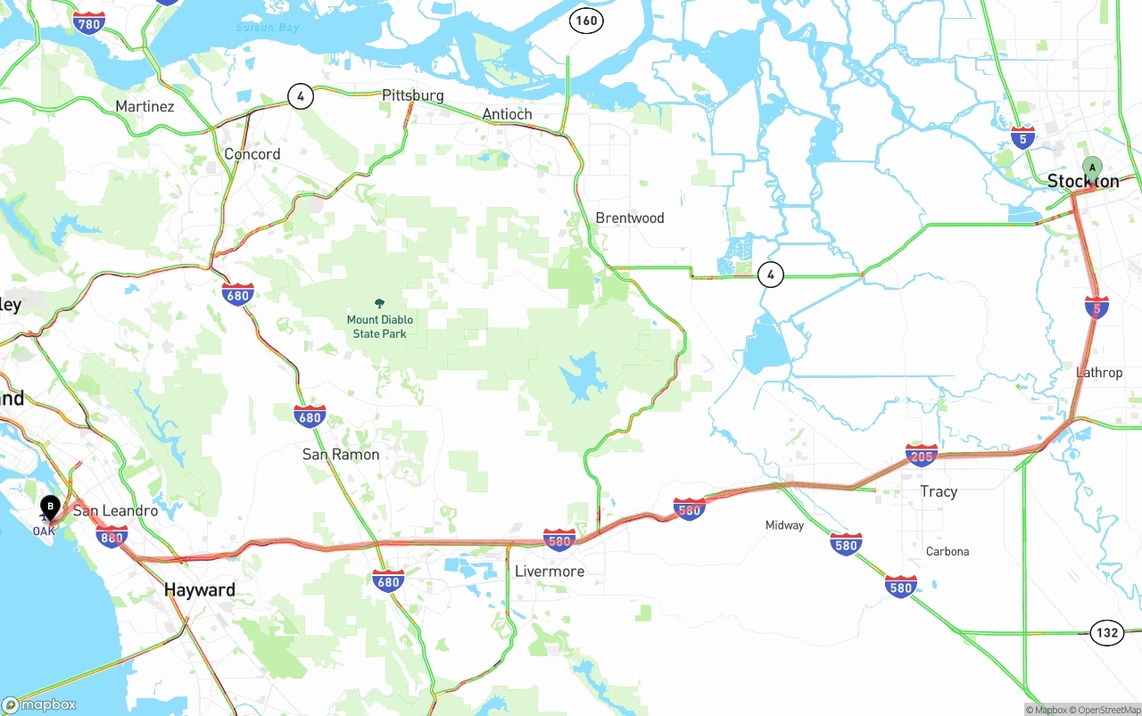 Shipping route from Stockton to Oakland International Airport