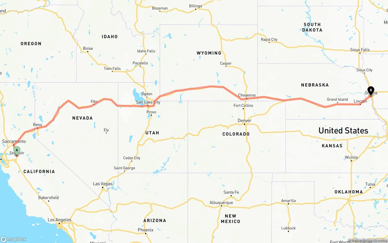 Shipping route from Stockton to Omaha