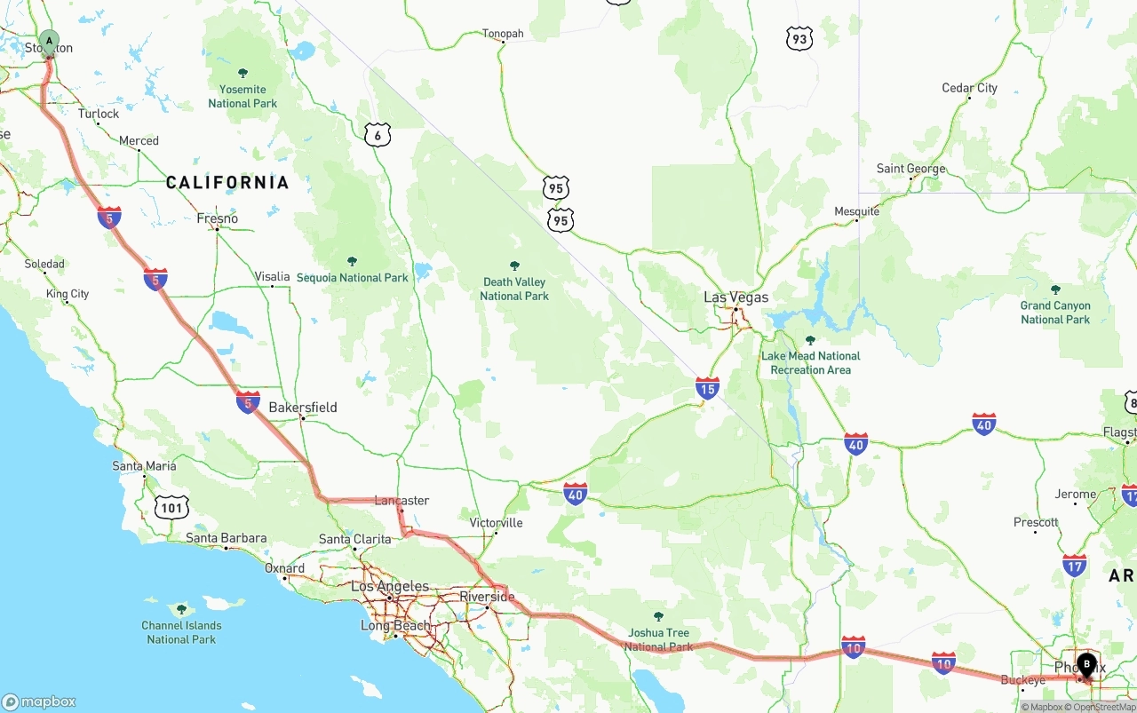 Shipping route from Stockton to Phoenix Sky Harbor International Airport