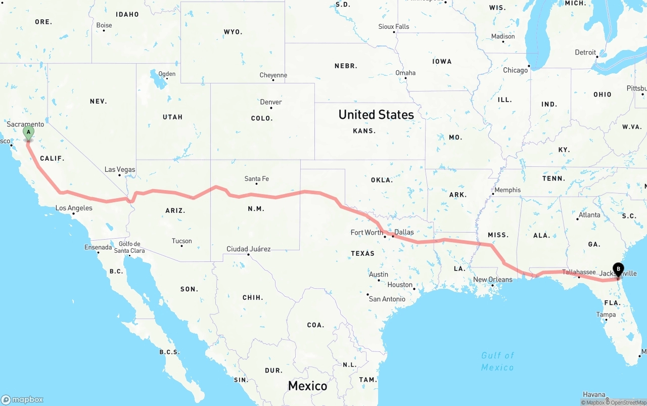 Shipping route from Stockton to Port of Jacksonville