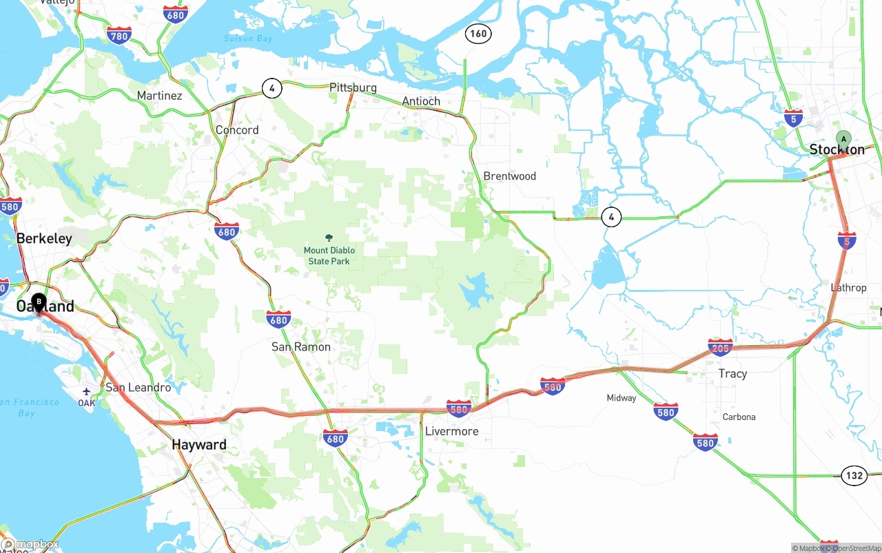 Shipping route from Stockton to Port of Oakland
