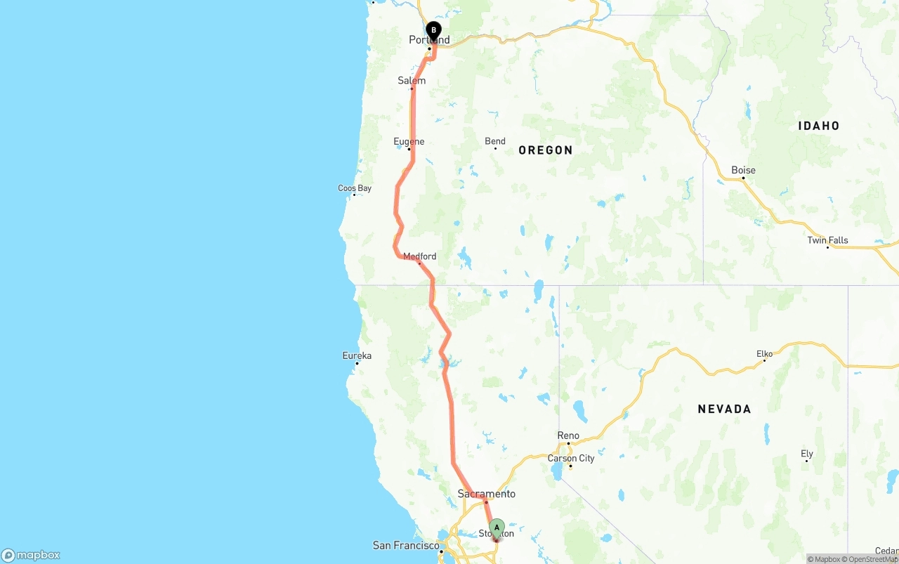Shipping route from Stockton to Port of Portland