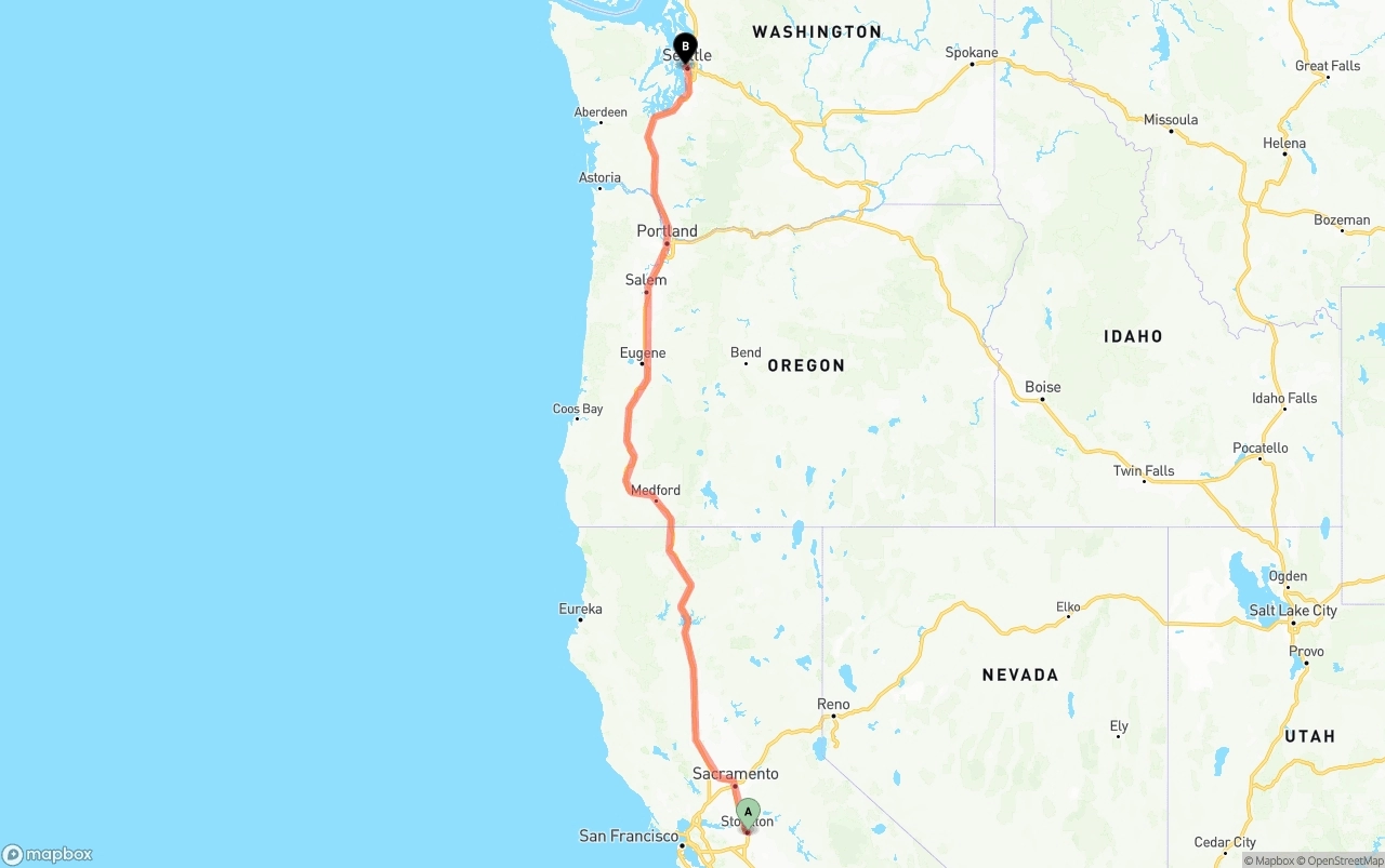 Shipping route from Stockton to Port of Seattle