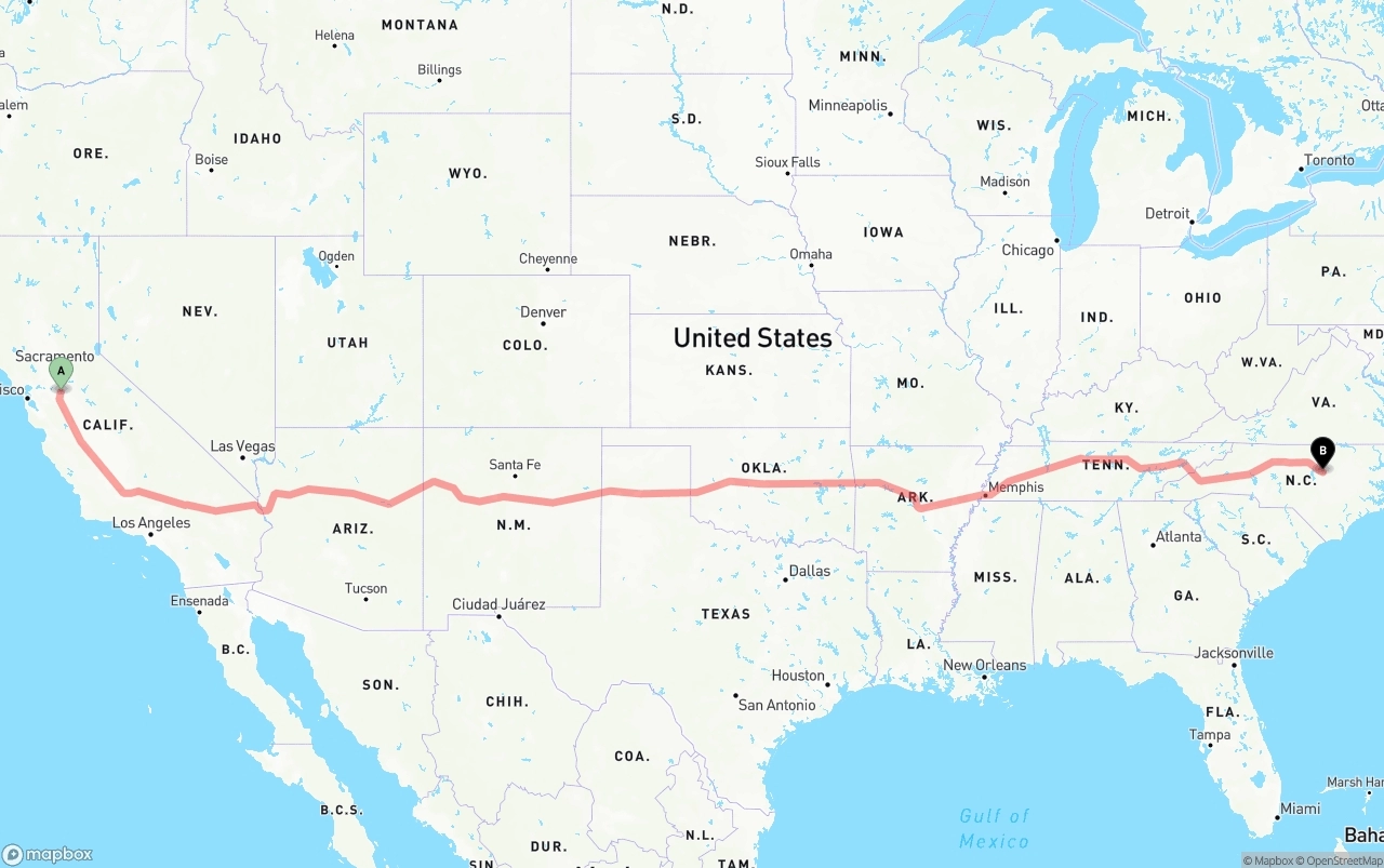 Shipping route from Stockton to Raleigh