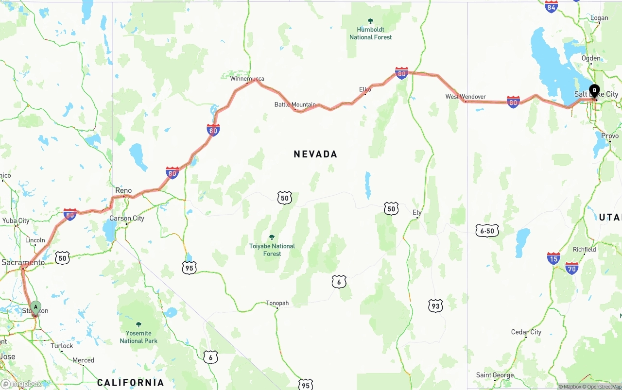 Shipping route from Stockton to Salt Lake City