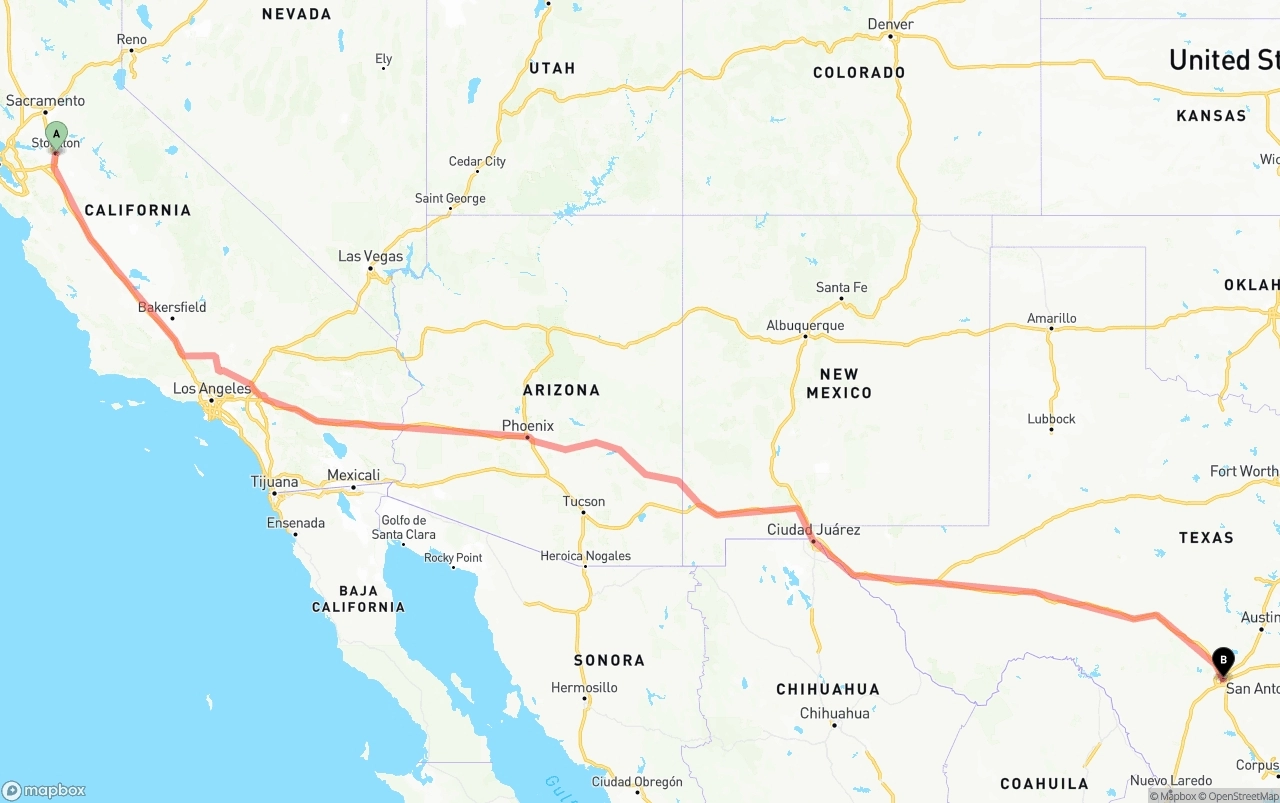Shipping route from Stockton to San Antonio
