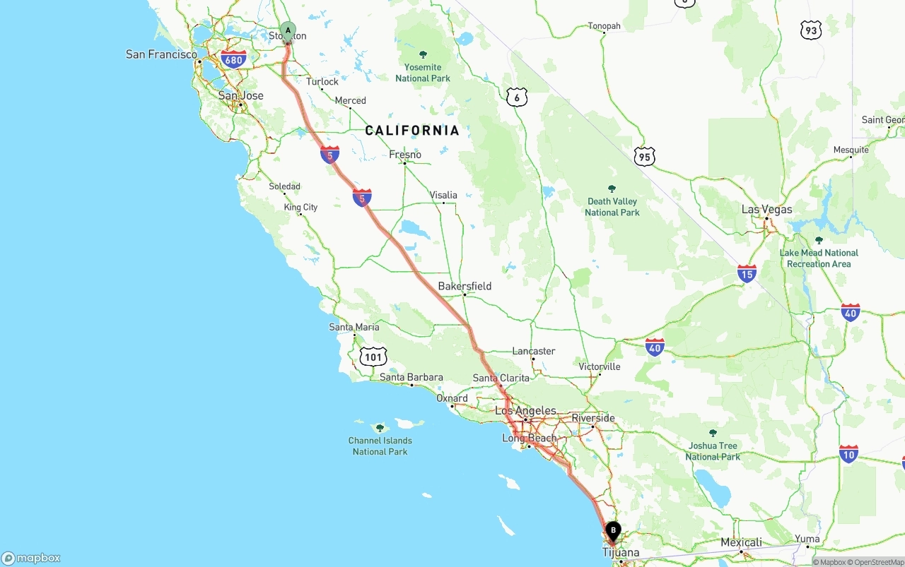 Shipping route from Stockton to San Diego