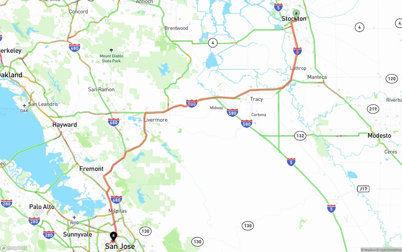 Shipping route from Stockton to San Jose