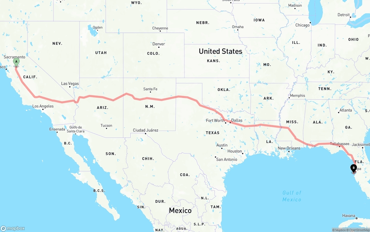 Shipping route from Stockton to St. Petersburg