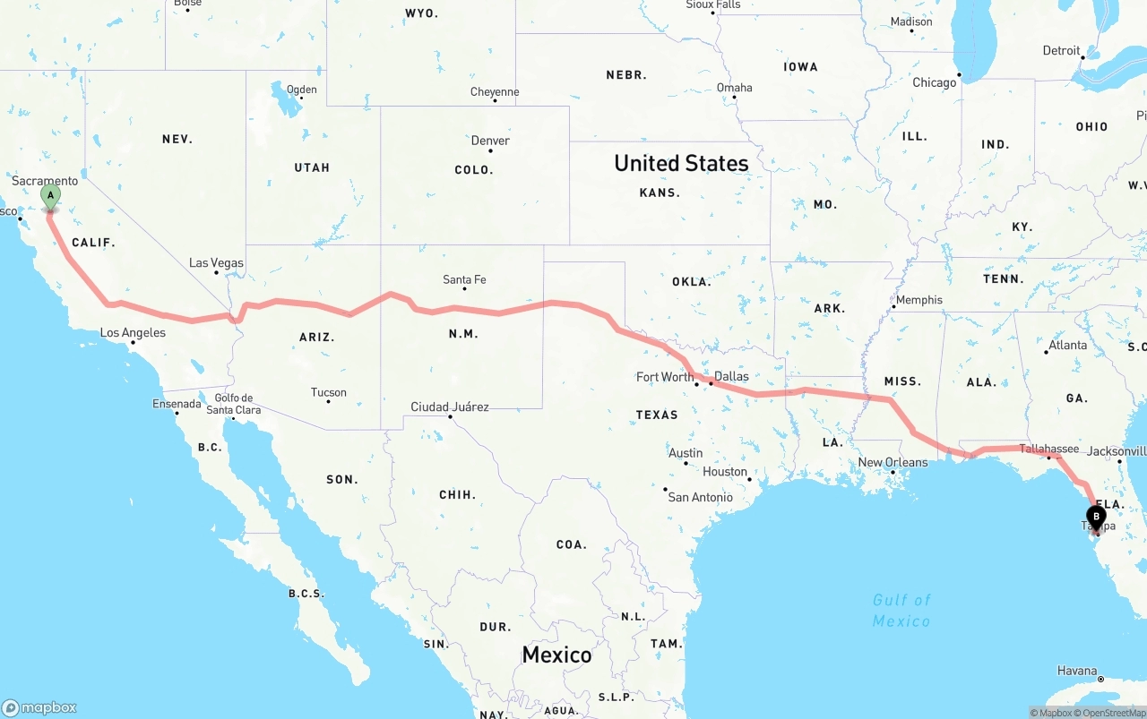 Shipping route from Stockton to Tampa International Airport