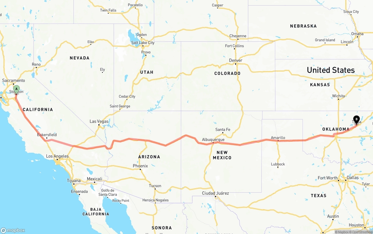 Shipping route from Stockton to Tulsa