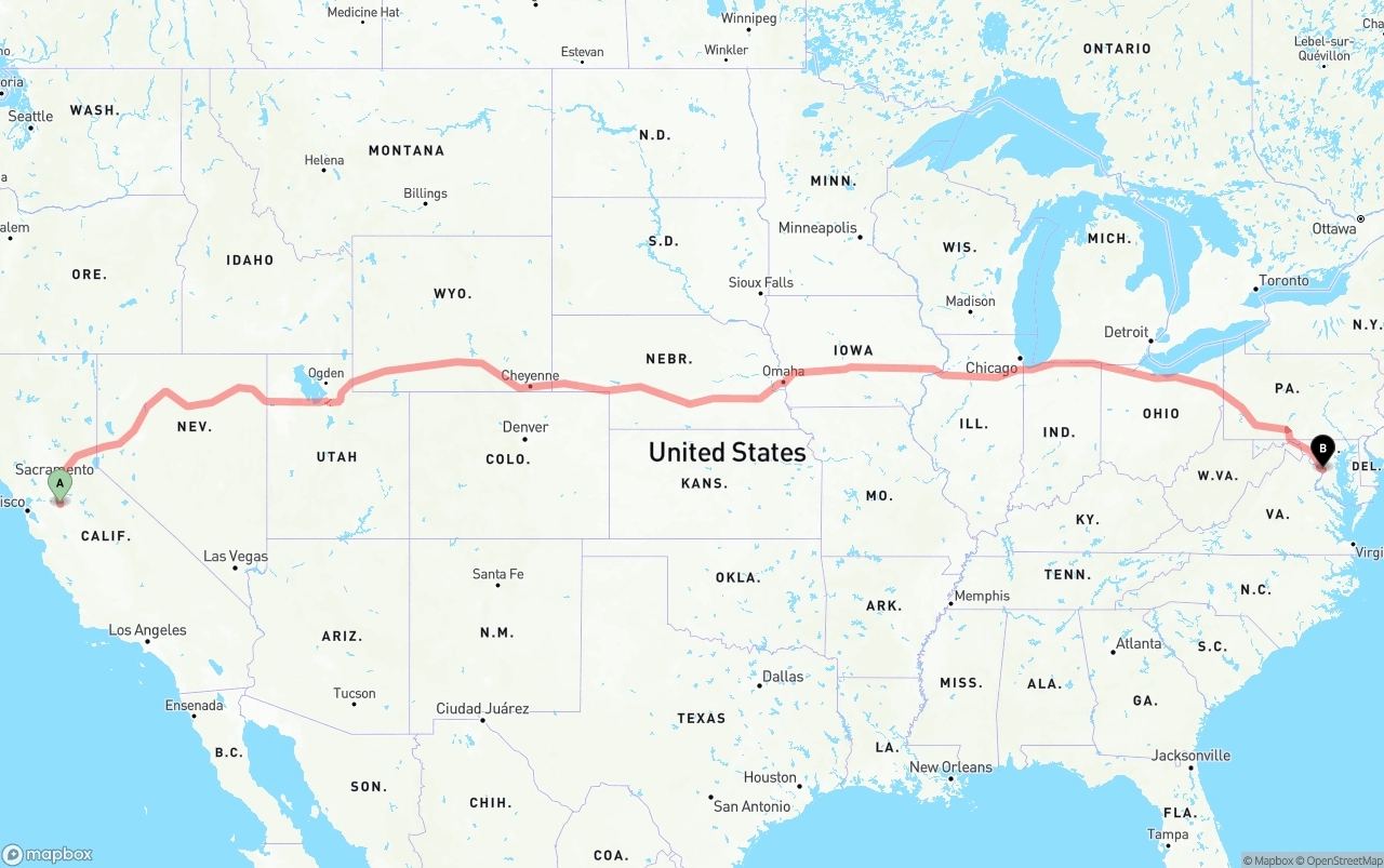 Shipping route from Stockton to Washington D.C.