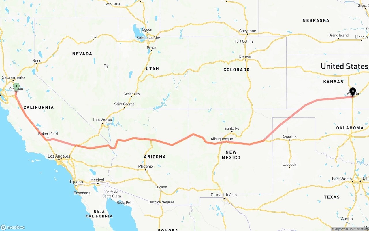 Shipping route from Stockton to Wichita